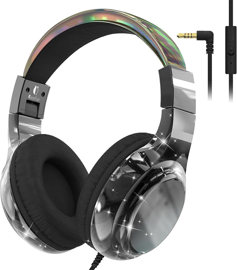 Kids Headphones Wired with Mic, 85/94dB Safe Volume Limit, Foldable Over Ear, Tangle-Free Cord & Sharing Port, Wired On-Ear Headset for School, Chromebook, Tablet, Travel - Boys & Girls