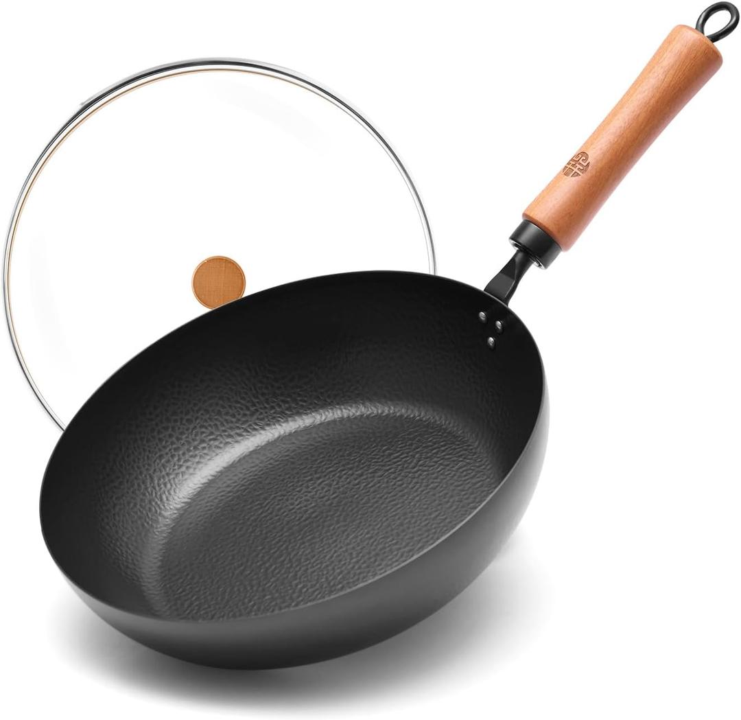 WANGYUANJI 11-Inch Carbon Steel Frying Pan with Beech Wooden Handle & Glass Lid - Physical Non-Stick, Non-Coating Skillet for Induction, Sauting, Frying, Stir-Frying (Black)