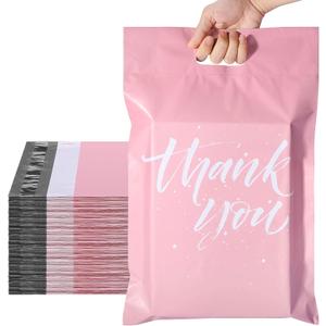 Metronic Thank You Poly Mailers 10x13 100 Pcs, Easy to Carry Shipping Bags with Handle, Self Seal Mailers Poly Bags for Small Business Packing and Shipping, Cute Package Bags Mailing Bags, Pink