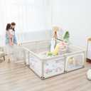 Sweeby Foldable Baby Playpen, Baby Gate Playpens for Babies and Toddlers 71x59 Extra Large Play Yard with Door Fence with Mat and Indoor Play Pen, Beige