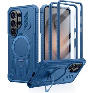 FNTCASE for Samsung Galaxy S26Ultra Case: Magnetic Phone Cases with [Ring Kickstand] [2 Front Frames] [Builtin Screen Protector] [Heavy Duty Military Grade Protection] Drop Proof TPU Cover Blue