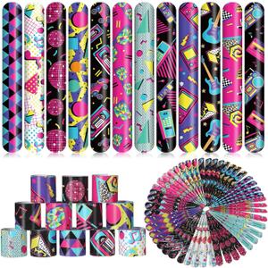 Sosation 60 Pcs 80s 90s Party Slap Bracelets Favors Decorations Slap Wristbands Retro Theme Bracelet Snap Bands Snap Wristband for Adults Throwback Party(Retro Style)