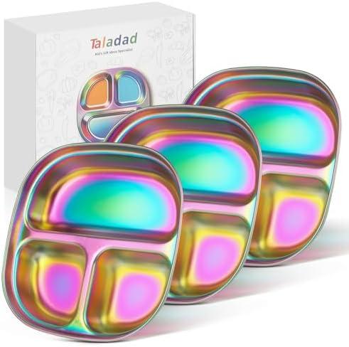 Taladad 3Pack Stainless Steel Kids Plates, Kids Toddlers Babies Tray, Balanced Bites Divided Plates for Toddlers, BPA Free, Portion Control Plate, Dinner Snack, 3 Compartment Plate