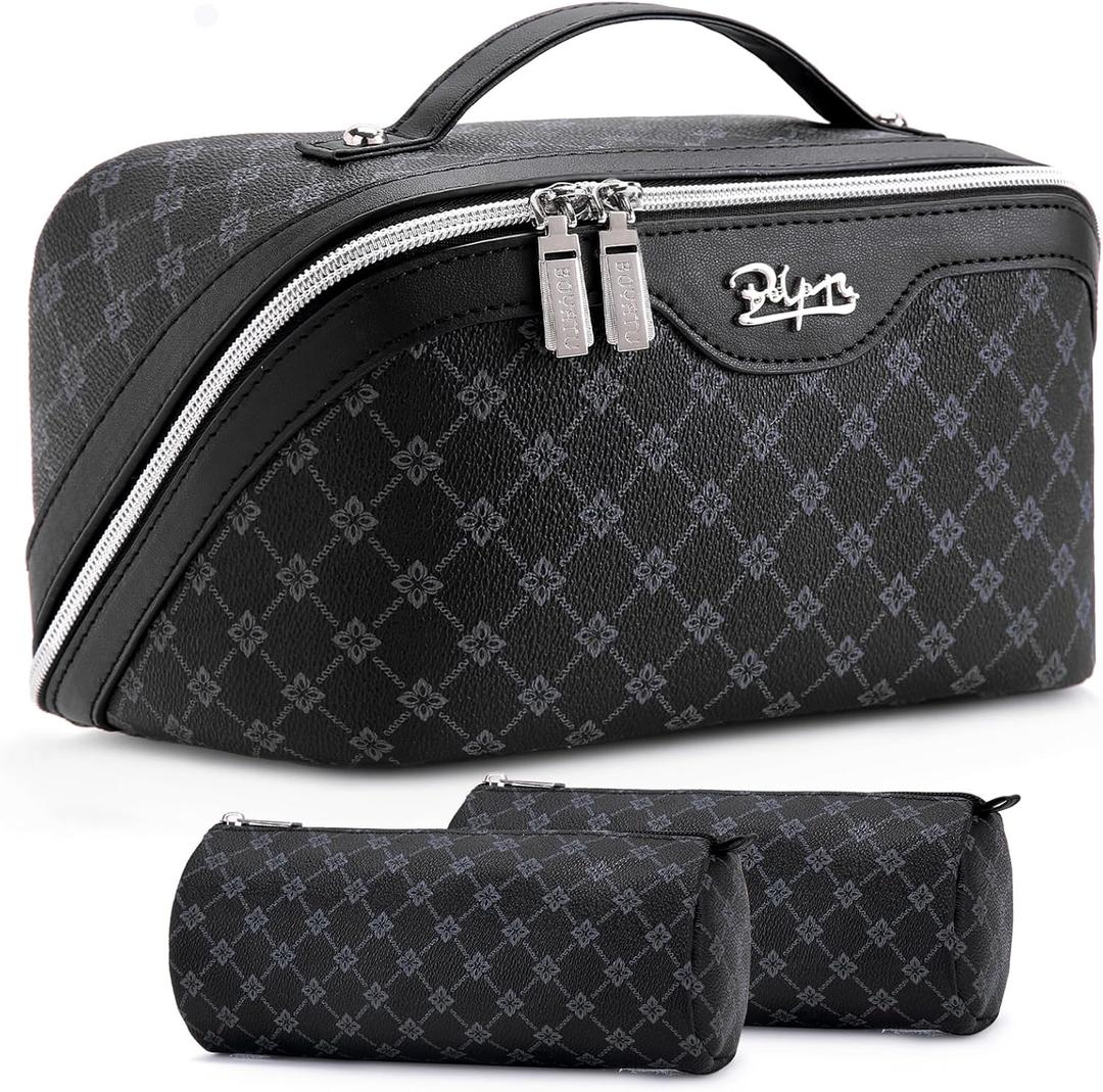 BOYATU Travel Makeup Bag Cosmetic Bags for Women: 3 Pcs Set Large Capacity Make up Bag with Handle - Vegan Leather Toiletry Bags with Compartments - Makeup Organizer for Travel Essentials(A-7-Black)
