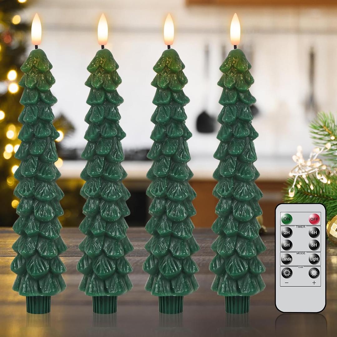 Christmas Tree Candles with Remote Timer, 4 Pcs Waxy Flameless Taper Candles Flickering, Battery Operated LED Candlesticks with 3D Flame Wick, Green Window Candle for Christmas Decorations
