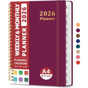 2026 Planner, Weekly and Monthly Calendar Planner, January 2026 - December 2026, Hardcover 2026 Calendar Book with Tabs For Women & Men, Inner Pocket, Spiral Bound, Perfect for Office Home School Supplies - A4 (8.5" x 11"), Crabberry Red