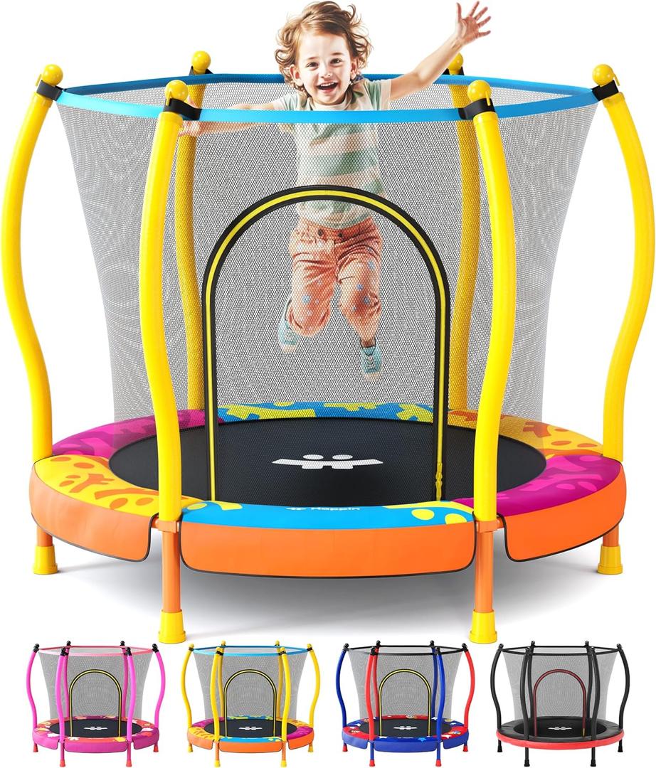 Happin 55 Toddler Trampoline Indoor & Outdoor Playset, 5FT Kids Trampoline, Ultra Safe Mini Trampoline for Kids with Safety Enclosure Net, Gifts for Birthday with Basketball Hoop (Multi)