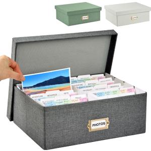 Linen Photo Storage Box with Dividers & 8 Sorting Bins, Holds 1700 4x6 Pictures, Memory Keepsake Organizer for Photos, Cards, Stamps, Scrapbook Supplies, Multi-Purpose Home Storage (Dark gray)