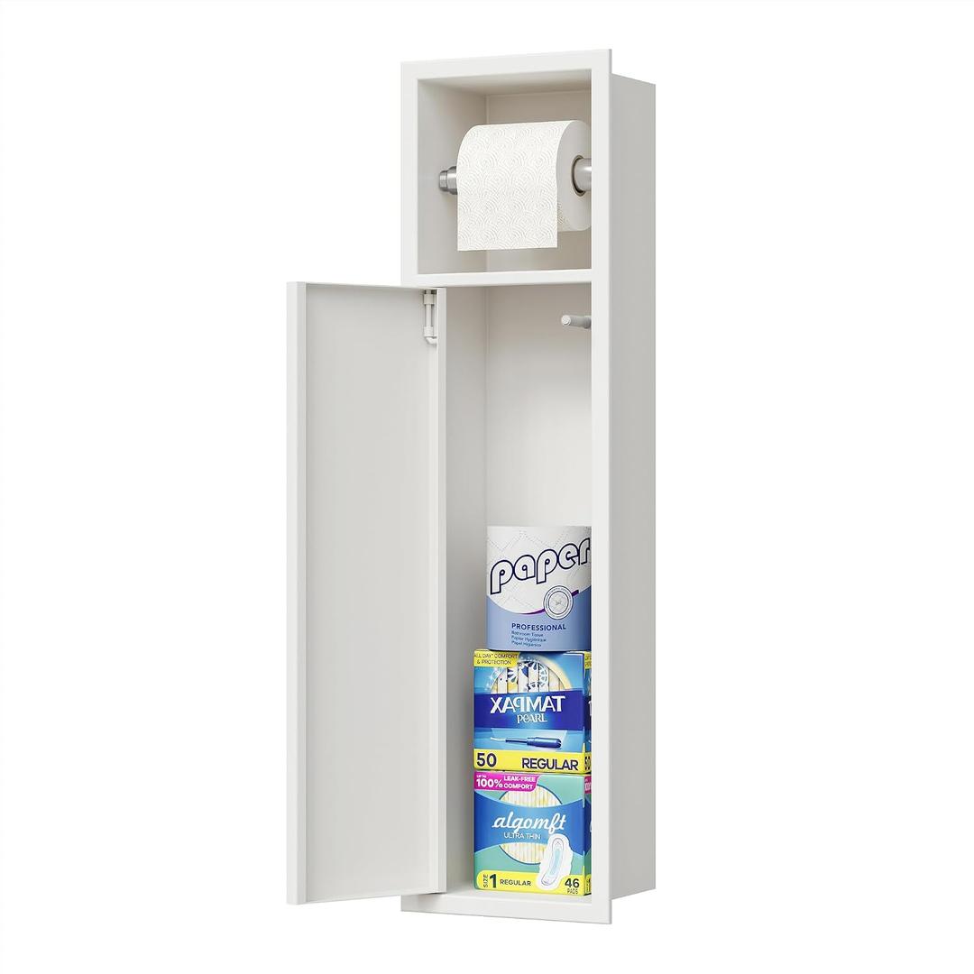 Neodrain Recessed Toilet Paper Holder, White Toilet Tissue Holder with Storage Cabinet for Toilet Brush Holder, 304 Stainless Steel Wall Bathroom Roll Paper Holder