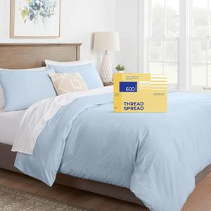 THREAD SPREAD - Oversized King Duvet Cover, 600 Thread Count Sateen 3Pc Egyptian Cotton Duvet Cover Set, 100% Pure Cotton Comforter Cover, 2 Pillow Shams, Zipper Closure, 7 Corner Ties, Light Blue