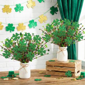 Nitial 2 Pcs St. Patricks Day Decorations St. Patrick's Shamrock Picks Vase Artificial Clover Branches Berry Stems Decoration for Table Centerpiece Floral Arrangements Party Irish Vase Decor