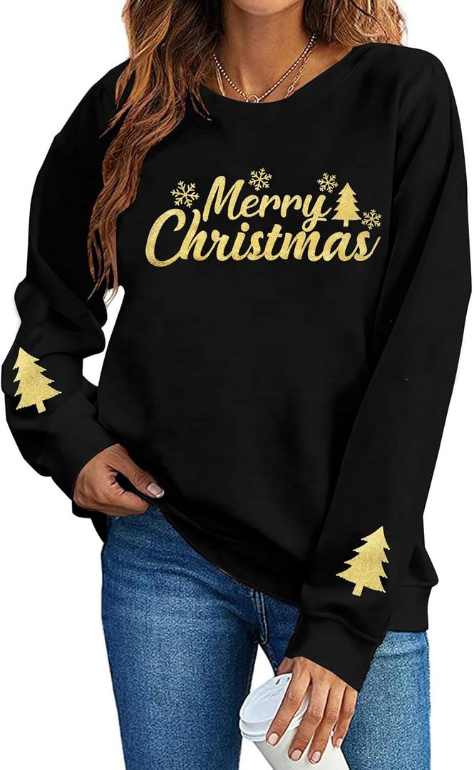 Christmas Sweatshirt Women Christmas Light Sweatshirts Merry And Bright Xmas Long Sleeve Shirts Crewneck Pullover Tops (Black, S)