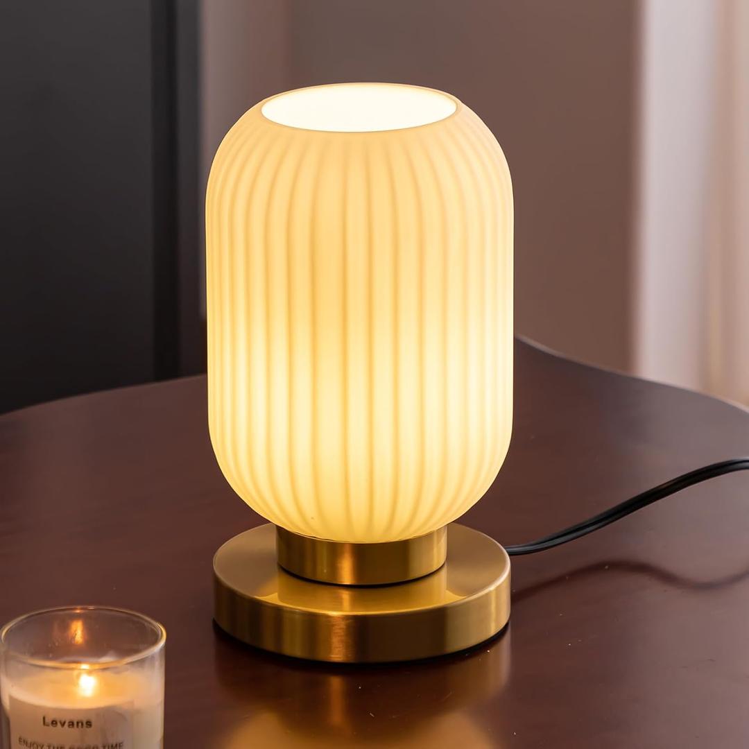Modern Ribbed Glass Table Lamps Mid Century Bedside Light Small Nightstand Lamp with Plug-in Style, E26 Ambient Lighting for Bedroom Living Room Tabletop, Milky White