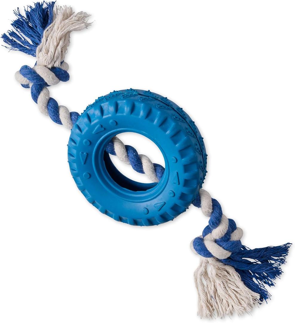 Pet Passion Natural Rubber Tire and Organic Cotton Rope Pull and Chew Dog Toy for All Pet Breeds, Blue, One Size