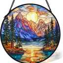 Mountain Forest Sunrise Suncatcher Stained Glass Window Hanging Decor, Camping Nature Landscape Stained Glass Wall Decor, Mountain Garden Sun Catchers Indoor Window Hanging Wall Art, 7.9x7.9In