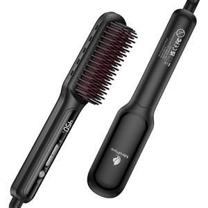 MiroPure Hair Straightener Brush with Plasma Technique, Ceramic Straightening Brush with 16 Temp Settings 30s Fast Heating, Hair Straightener Comb with LED Display & Dual Voltage, Black+Rosered