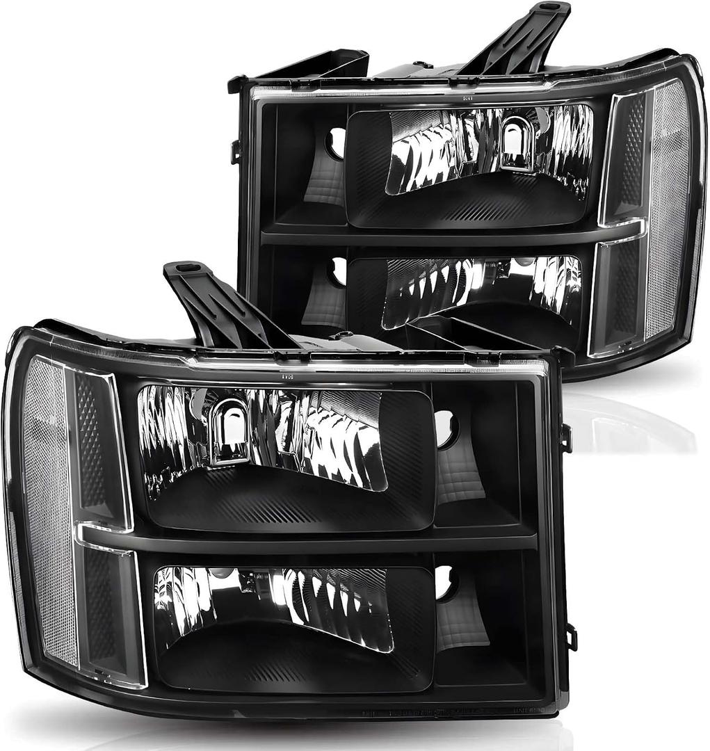 Headlight Assembly Compatible with 2007 2008 2009 2010 2011 2012 2013 GMC Sierra 1500, 07-14 GMC Sierra 2500HD/3500HD, Black Housing Clear Corner