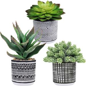 Winlyn Set of 2 Assorted Small Potted Succulents Arrangement Artificial Succulent Plants in Black and White Geometric Pots for Table Centerpiece Windowsill Shelf Indoor Outdoor Garden Greenery Decor