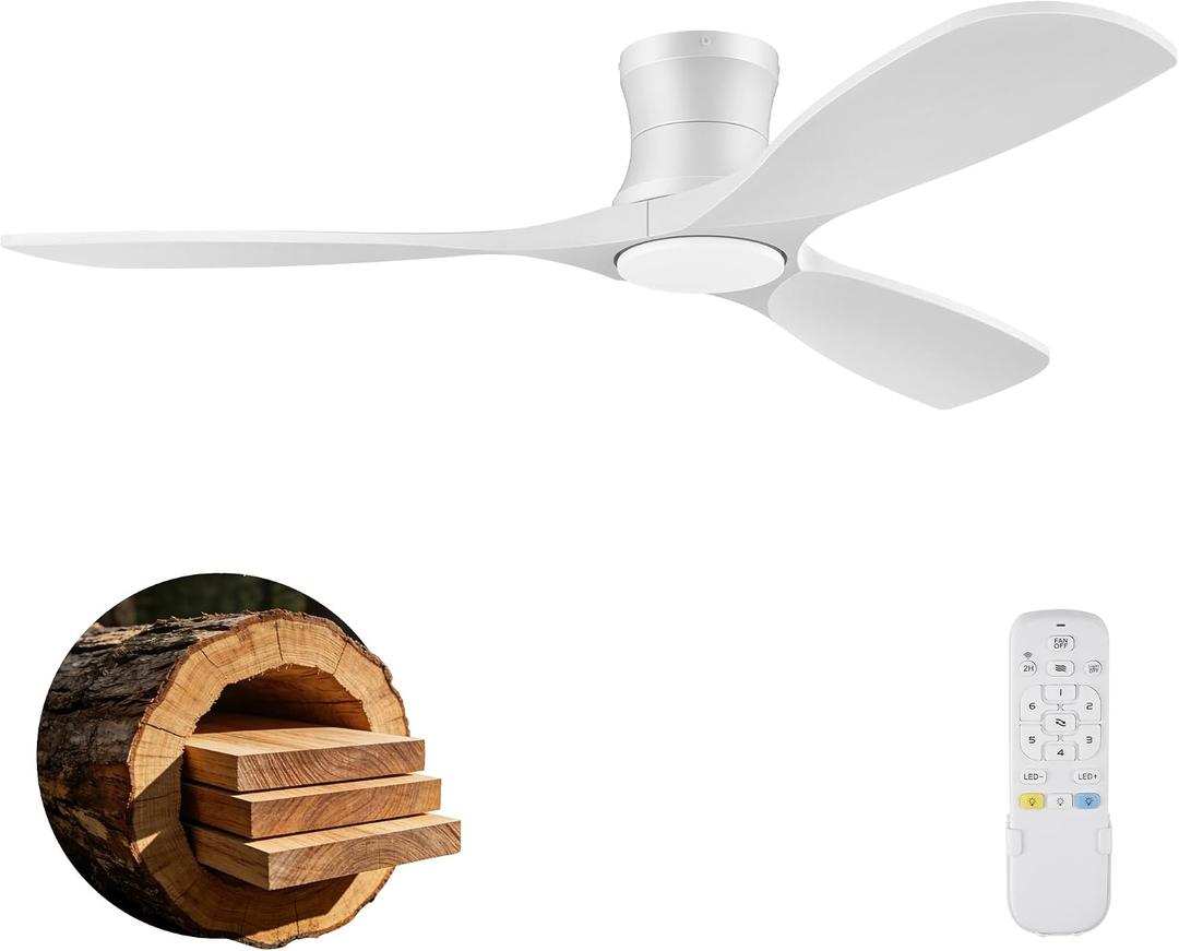 52 Inch Wood Ceiling Fans with Lights Remote,Low Profile Flush Mount Ceiling Fan with Light,Outdoor Indoor Modern Ceiling fan for Bedroom Living room Patio,White,3 Blades,Dimmable,6 Speed,Noiseless, 52-Remote Control