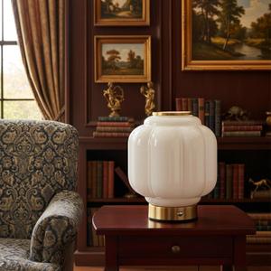 Mushroom Lamp, Cordless Rechargeable Table Lamp with Brass Base & White Glass Shade, 4W Dimmable Bedside Table Lamp, Small Vintage Desk Light for Mid Century Modern Home Decor (White)
