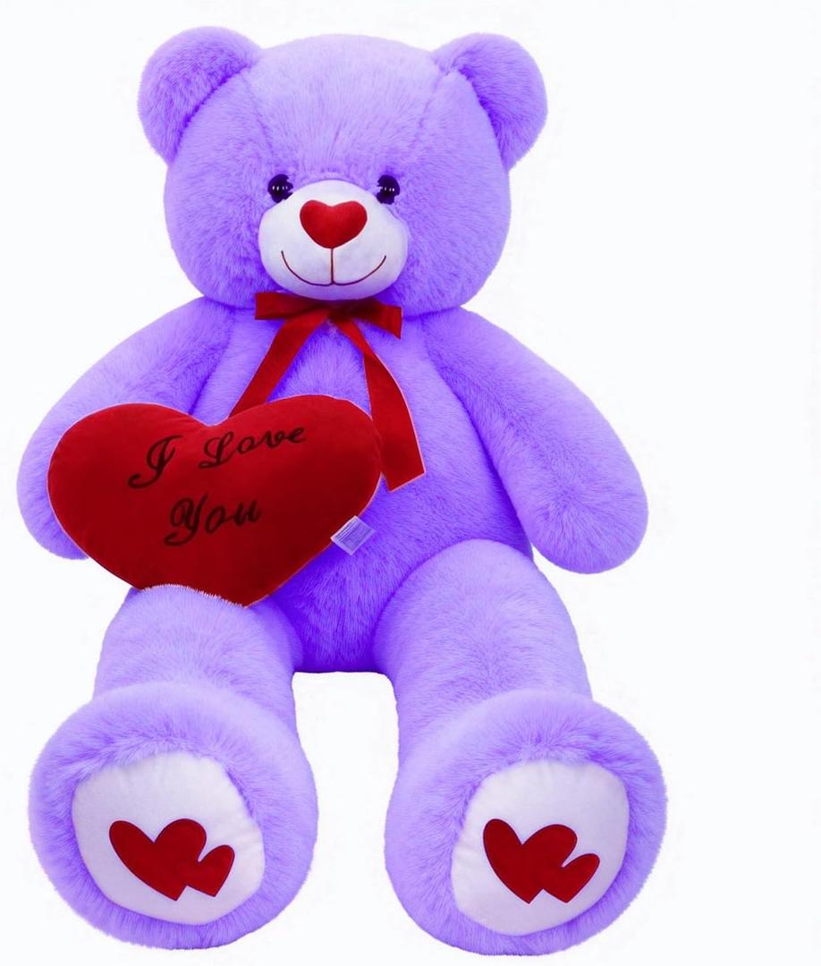 51.2 Inch Giant Teddy Bear with Soft Heart Pillow, Plush Stuffed Animal, Valentine's Day Gift (Purple, 51.2 Inch)