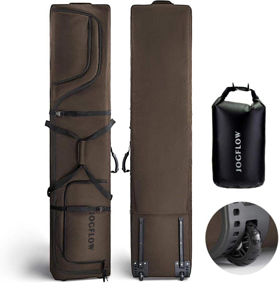 Ski Bag 360 Fully Padded Ski Bag with Wheels, 1200D Waterproof Fabric, 10mm Pearl Cotton Padded, Fits Single Ski/Double Skis/2 Sets Skis, Roller Ski Bag for Air Travel (Khaki)