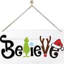 Believe Christmas Sign, Cartoon Characters Pattern Winter Home Wooden Hanging Decor, Indoor Christmas Wood Wall Hanging Sign for Living Room Bedroom Decor 7 x 14 Inches