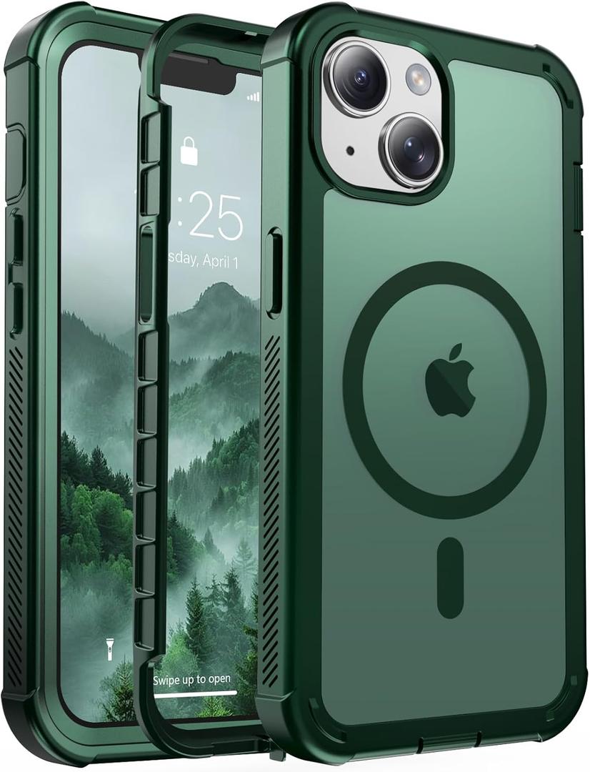Magnetic for iPhone 14 Case, [Compatible with MagSafe][Military Grade Drop Protection][Heavy Duty Protection][Non-Slip][Shockproof] 2-Layer Durable Bumper Phone Case 6.1''-Forest Green