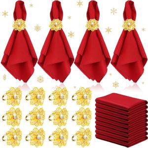 Sliner 24 Pcs Christmas Napkins and Ring Set 12 Pcs Red Washable Christmas Napkins Cloth and 12 Pcs Xmas Napkin Rings Holder for Holiday Dinner Party(Metal,Gold Flower)