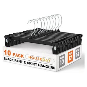 HOUSE DAY Pants & Skirt Hangers - 10 Pack Pants Hangers with Non-Slip Big Clips - Closet Hanger for Shorts, Shirts, Jeans, Slacks, Clothes, Clothing - Durable, Slim & Space Saving, Black - 12 Inch