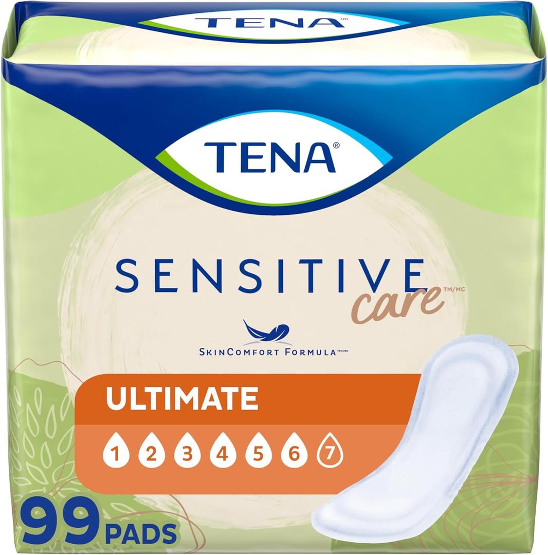 TENA Incontinence Pads, Bladder Control & Postpartum for Women, Ultimate Absorbency, Extra Coverage, Long, Sensitive Care, 99 Count (Regular)