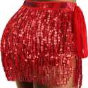 Sequin Skirt Sparkly Skirt Belly Dance Skirt Glitter Skirt Rave Sparkle Skirt Sequin Tassel Skirt Fringe Hip Scarf Women (Red)