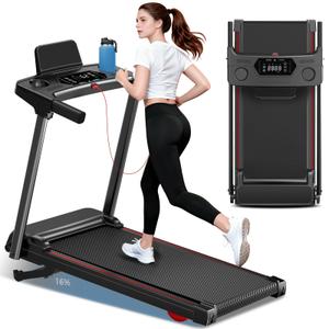Treadmill with 0-16% Auto Incline, 0.6-7.5MPH Walking Pad Treadmills for Home, 3.0 HP Low Noise Foldable Treadmill with Handle Bar and LED Display, Walking Running Machine, 350LBS Capacity