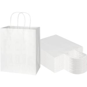 Toovip 50 Pack 8x4.75x10 Inch Medium White Kraft Paper Bags with Handles Bulk, Gift Wrap Bags for Favors Grocery Retail Party Birthday Shopping Business Goody Craft Merchandise Take Out Sacks