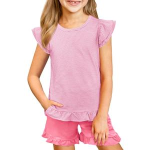 Yousify Girls 2 Piece Short Sets Kids Summer Outfit Flutter Sleeve Shirts Ruffle Short Sleeve Top and Shorts with Pocket (Pink)