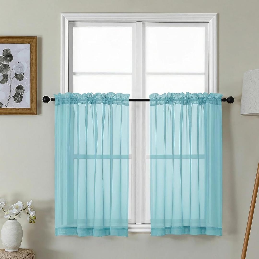 Gwine Short Kitchen Sheer Curtains 36 Inch Length - Light Filtering Voile Small Half Window Curtain for Basement, Rod Pocket Cafe Curtains for Bathroom Cabinet, 42Wx36L Inch, 2 Panels, Aqua