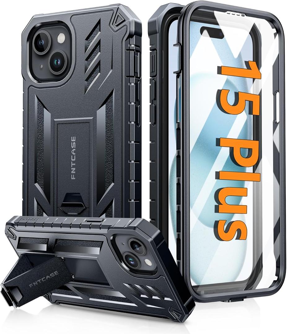 FNTCASE for iPhone 15 Plus Case: for iPhone 14 Plus Case Military Grade Rugged Cell Phone Cover with Kickstand | Shockproof TPU Protection Bumper Matte Textured Design 6.7 inch (Black)