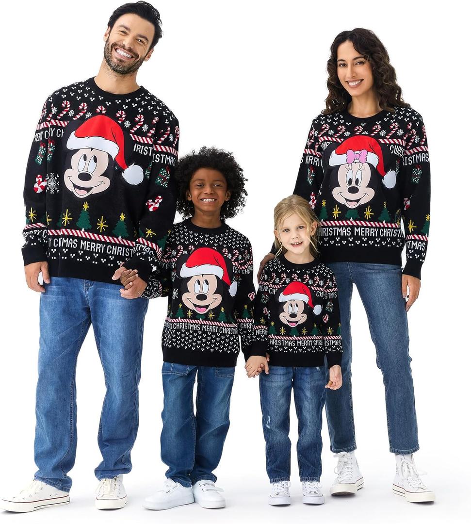 Disney Stitch Christmas Family Matching Snow Sweater Funny Holiday Long Sleeve Crew Neck Pullover Tops Festival Party Sets (Black, M)