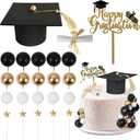 Graduation Cake Toppers - Graduations Cap Diploma Balls Congrats Grad Cake Decorations for 2026 High School College Senior Graduation Supplies (Black Gold White)
