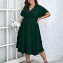 SCOMCHIC Womens Plus Size Wedding Guest Cocktail Midi Dress Summer Short Sleeve Wrap V Neck Belted A-Line Flowy Dress (Green, XXL)