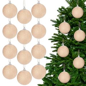 Suilung 12 Pack 2.36 Inch Christmas Ball Ornaments Boho Farmhouse Hanging Balls for Christmas Tree Burlap Rustic Ornaments for Xmas Tree Holiday Wreath Garland Wedding Home