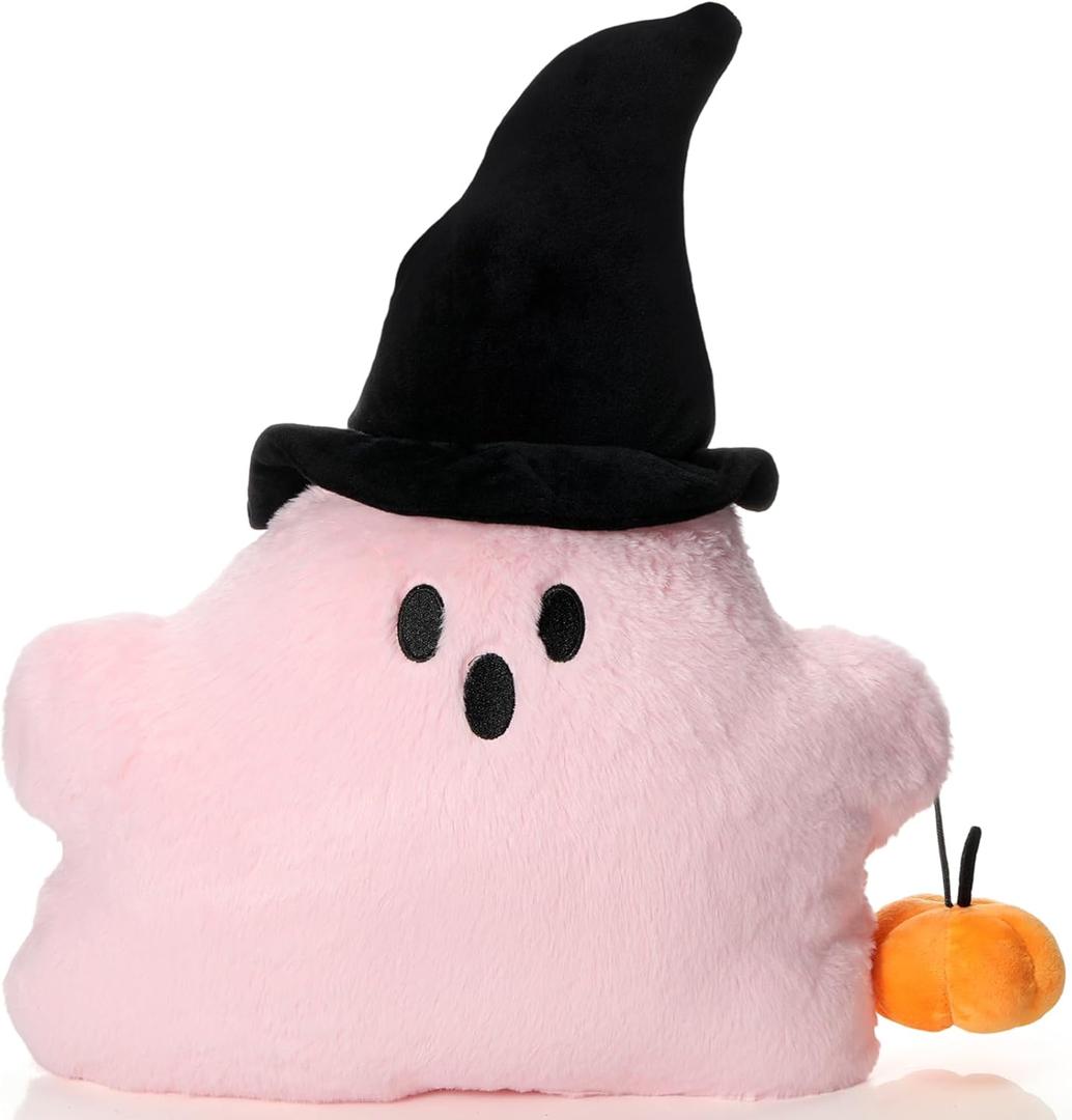 Pink Halloween Pillows for Couch Halloween Plush Gift Cute Ghost Shaped Throw Pillow Decorative Sofa Cushion for Home Living Room Bedroom Sofa Supplies Office Car Decor, 15.7 x 15.8 Inch
