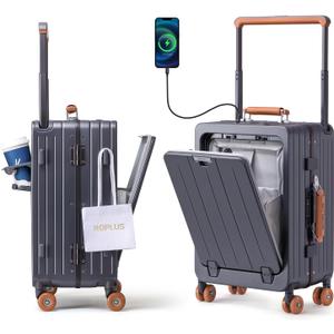 ROPLUS Carry On Luggage with Front Cover Compartment, Aluminium Frame Rolling Suitcase with Skate Wheels, USB Ports, Cup Holder, TSA Lock (GrayBrown, 21-Inch)