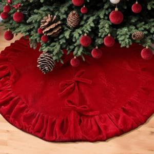 Ruffled Velvet Christmas Tree Skirt Fit, Plush Christmas Tree Skirt, Vintage Xmas Decorations for Indoor Outdoor Decor Holiday Supplies(Red,36 Inch)