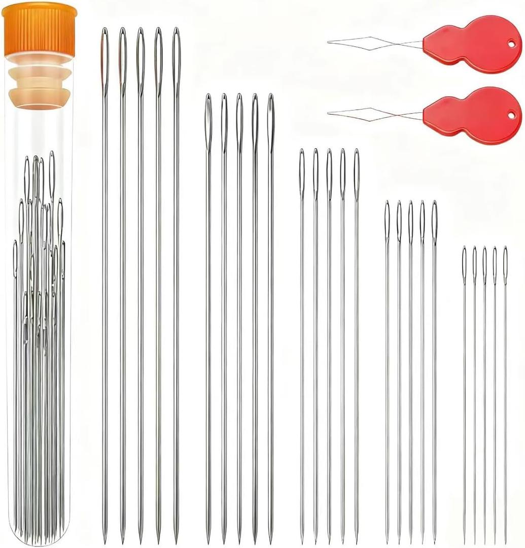 3 x Large Eye Hand Sewing Needles (Sharps/Universal) 25-Pack - Assorted Sizes for Embroidery, Quilting, Cross Stitch with Portable Storage Box