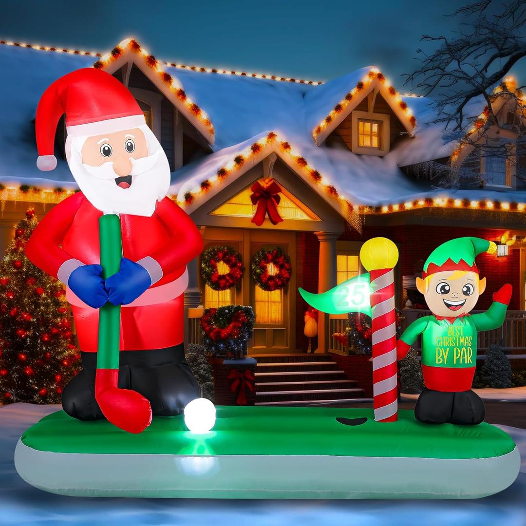 Realspring Large 5.6 FT x 6.7 FT Christmas Inflatable Santa Claus Elf Play Golf Decorations Inflatable Outdoor Christmas Decorations Built-in LED Lights Blow Up Yard for Outdoor Xmas Lawn