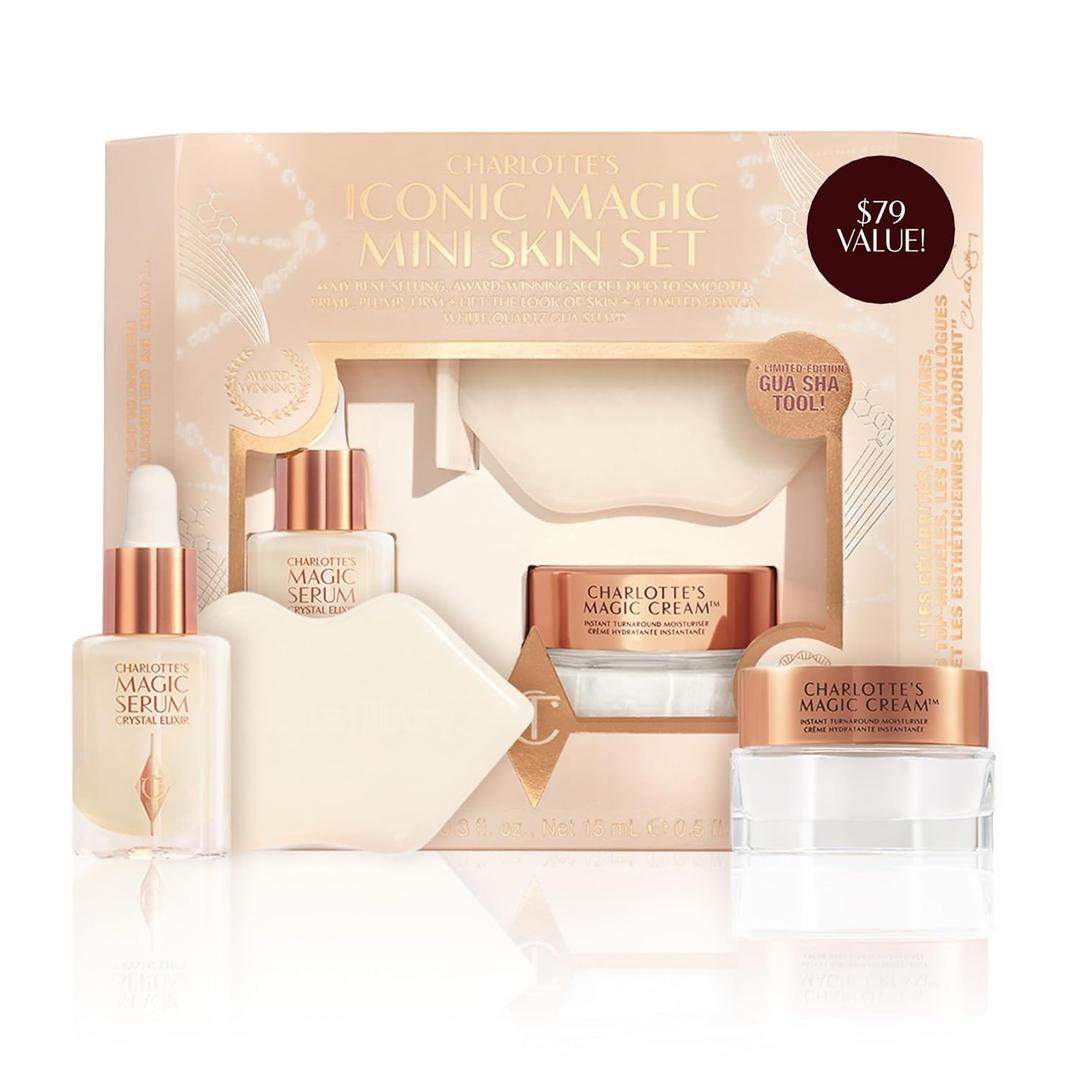 Charlotte Tilbury Iconic Magic Mini Skin Care Set - Travel Size Skincare Set with Magic Serum & Cream and Limited Edition Gua Sha - Infuses Skin with Hydration for a Youthful-Looking Glow