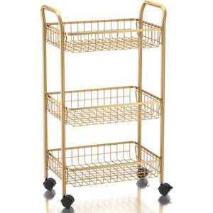 MNOPQ 3 Tier Rolling Utility Cart, Storage Trolley Service Cart with Wheels Easy Assembly for Kitchen, Living Room, Office, Salon, Gold