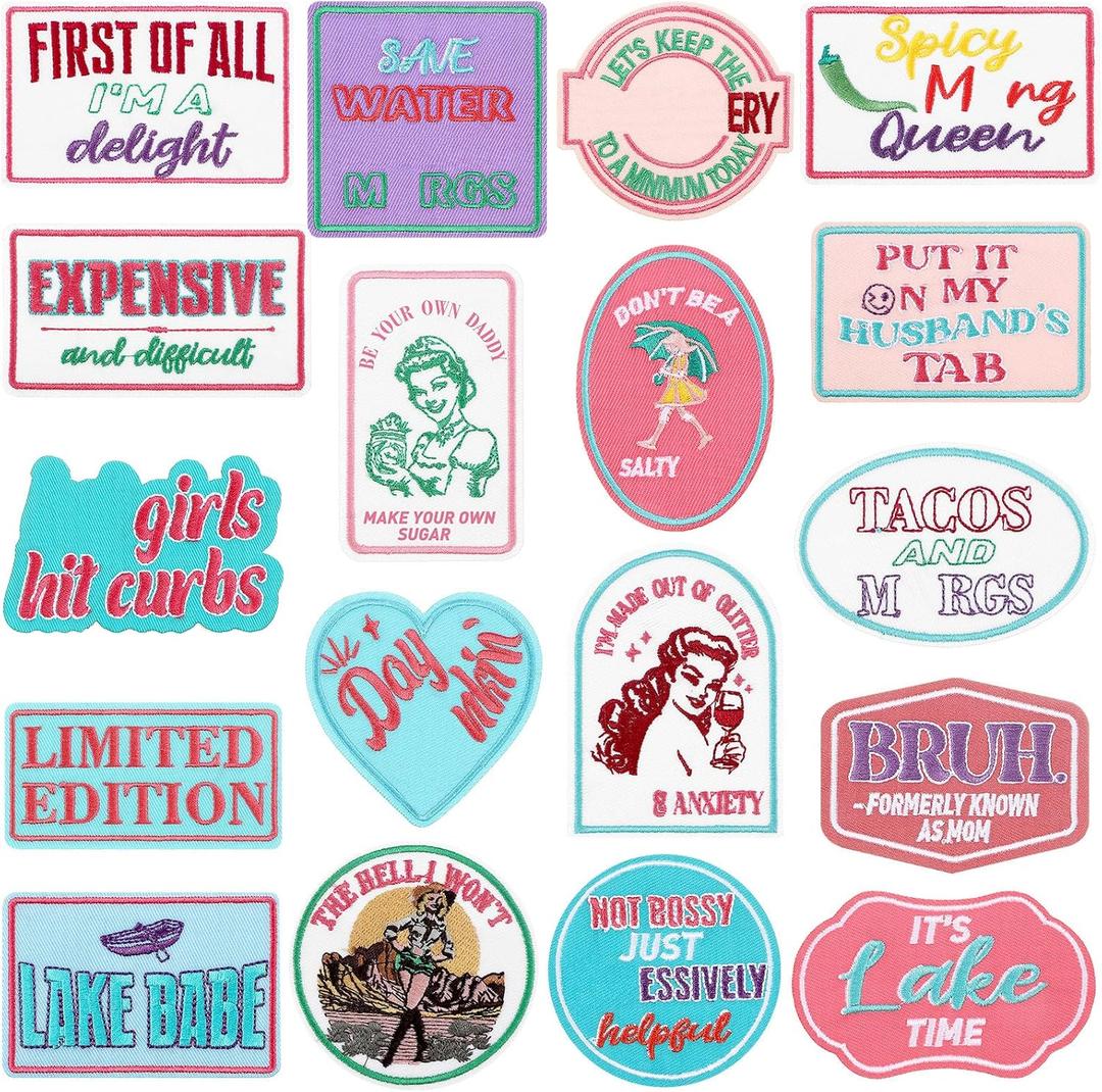 Lyrow 18 Pcs Funny Trucker Hat Patches Iron on Vintage Embroidered Trucker Hat Patches for Heat Press Girl Women DIY Accessories (Funny)