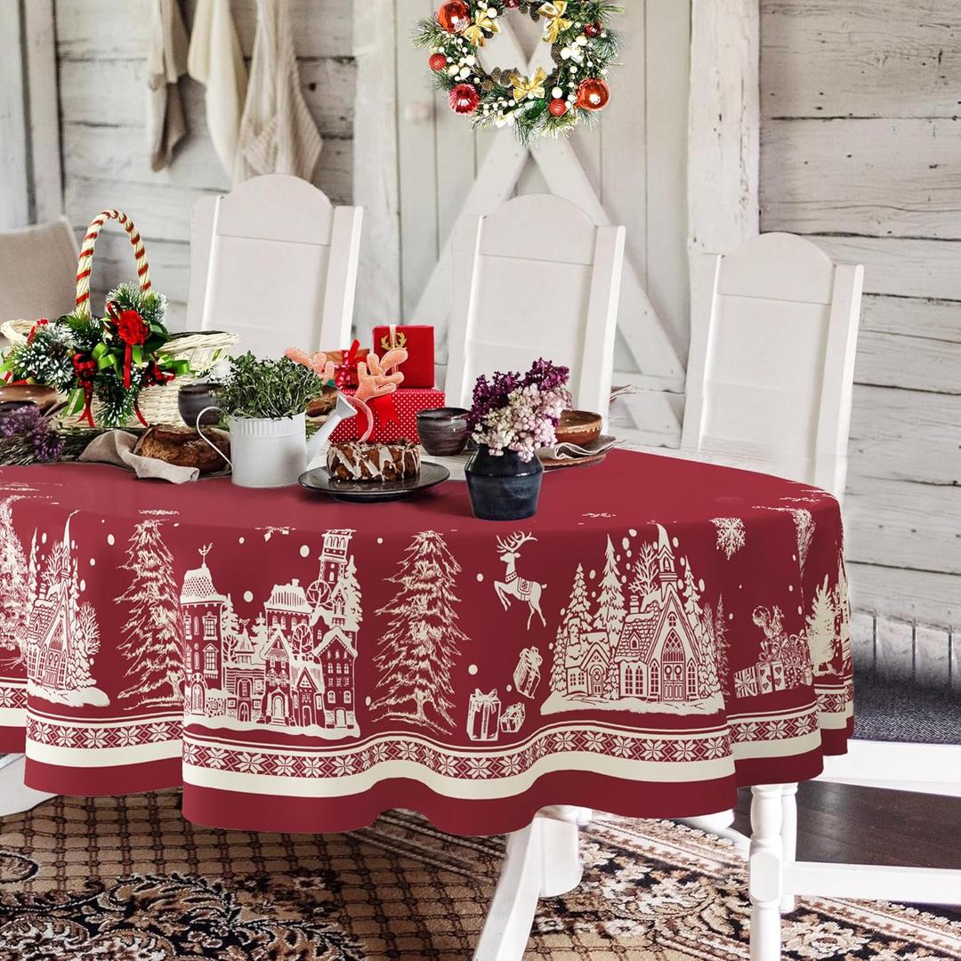 Oval Christmas Tablecloth 60 x 84 In,Christmas Tree Elk Santa Snowflake Red Christmas Tablecloth,Polyester Waterproof Wrinkle Resistant Durable Table cloth for Holiday,Kitchen,Winter and Home Decor